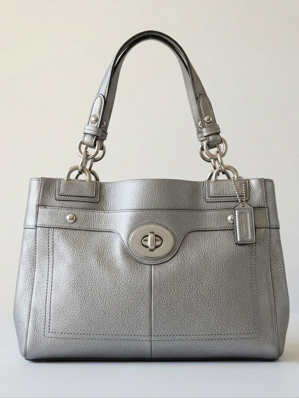Coach Penelope Carryall Metallic Silver Gunmetal Pebbled Leather Tote F16531